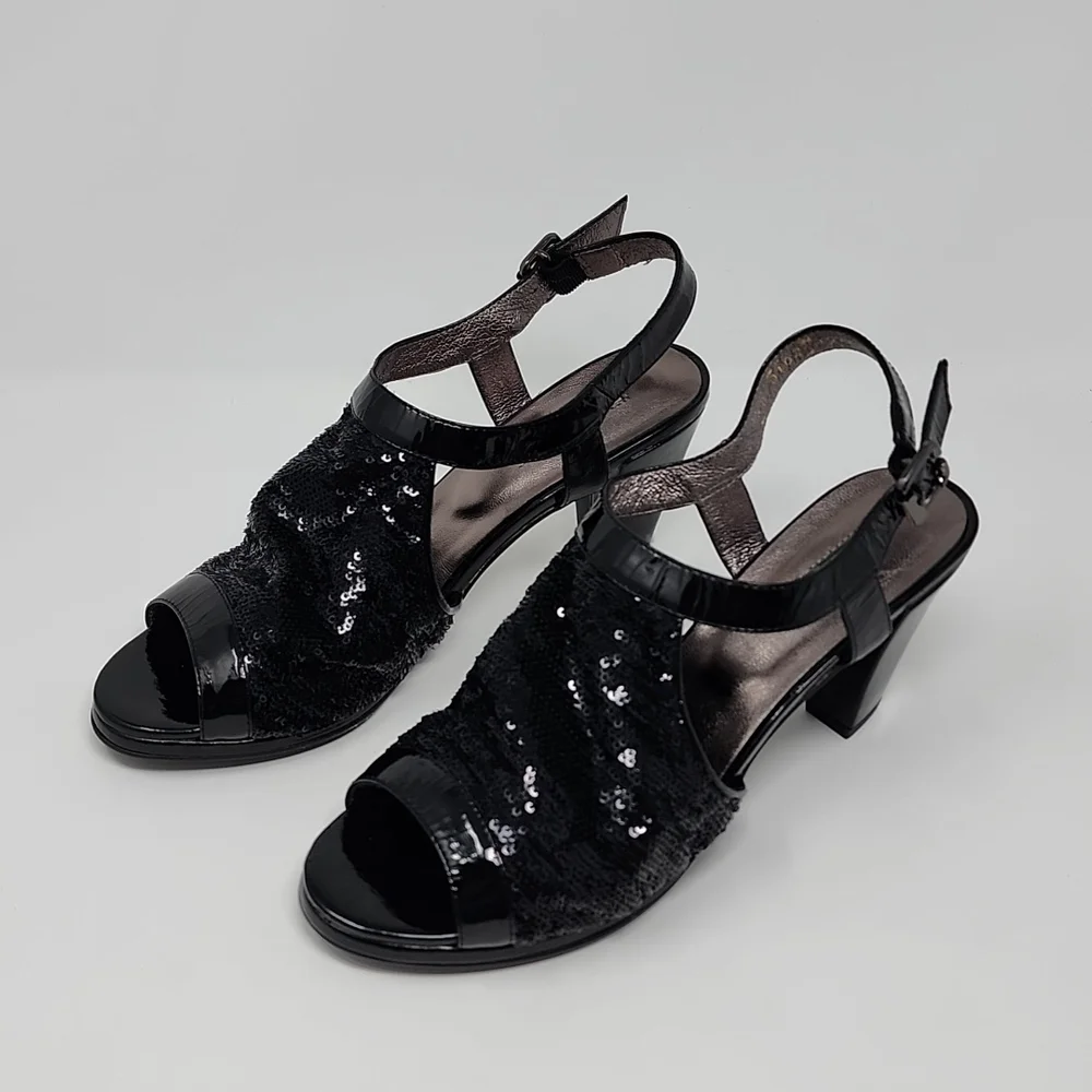 All Black Sequin Open Toe Heels Size 9.5